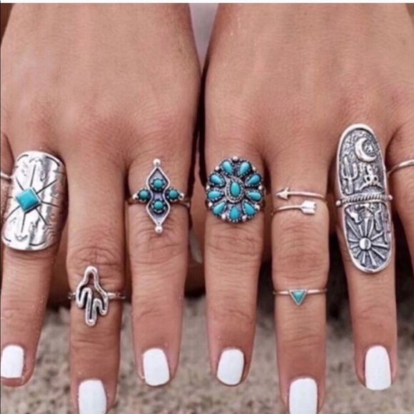 9pc BOHO RING SET Turquoise SILVER arrow southwest - Picture 5 of 7